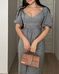 Solid Color V-neck Hollow Casual Jumpsuit