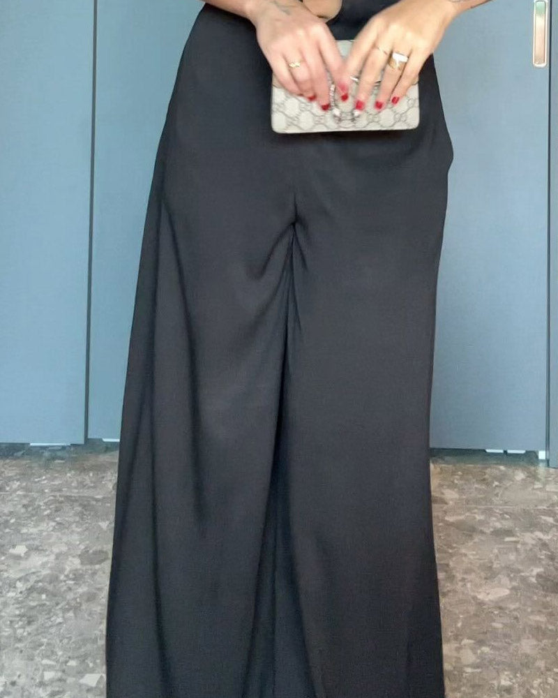 Solid Color Halter Neck Hollow Wide Leg Jumpsuit