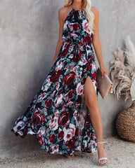 Fashion Chiffon Flower Halter Neck Dress