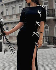 Bow-embellished Slit Slim Dress