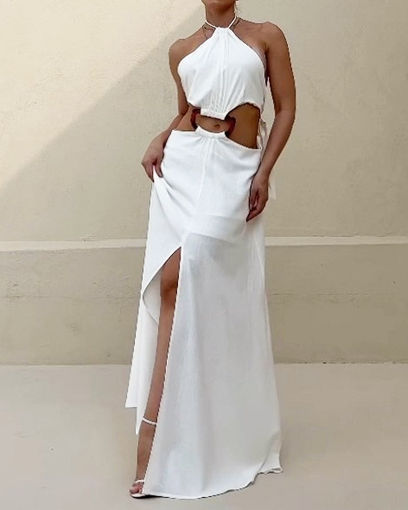 Solid Color Halter Neck Hollow Slit Dress