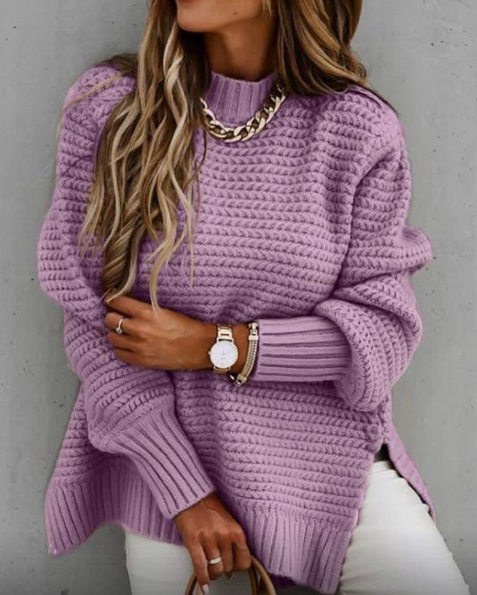 Loose solid color long-sleeved chunky side slit knitted sweater