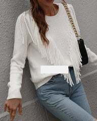 Solid Knit Turtleneck Fringed Sweater