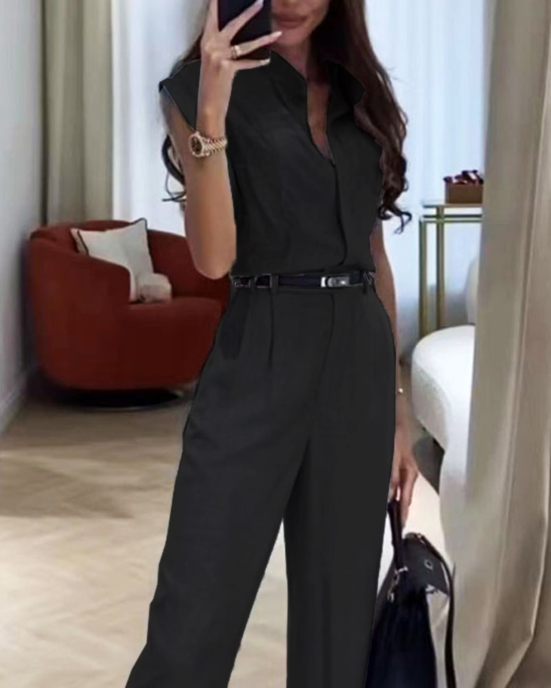 Casual Solid Color Shirt & Pants Two-Piece Set