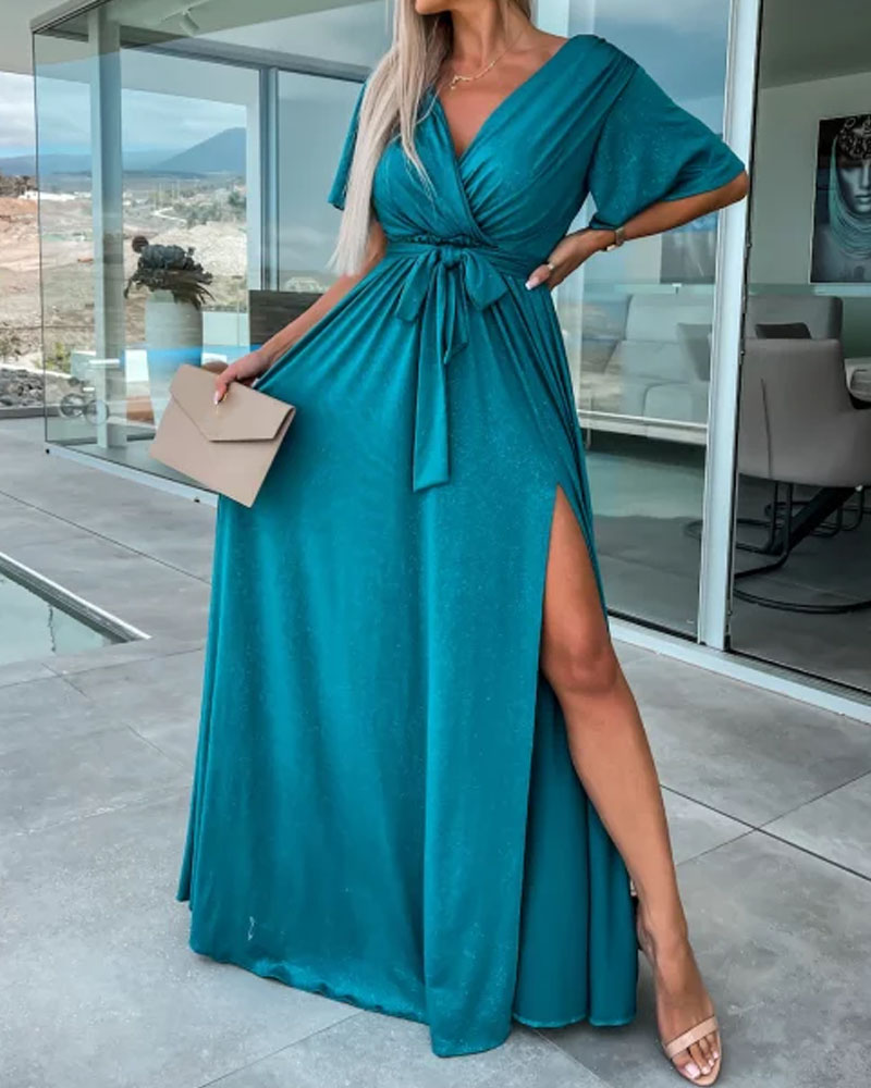 Fashion Solid Color V-neck Dress