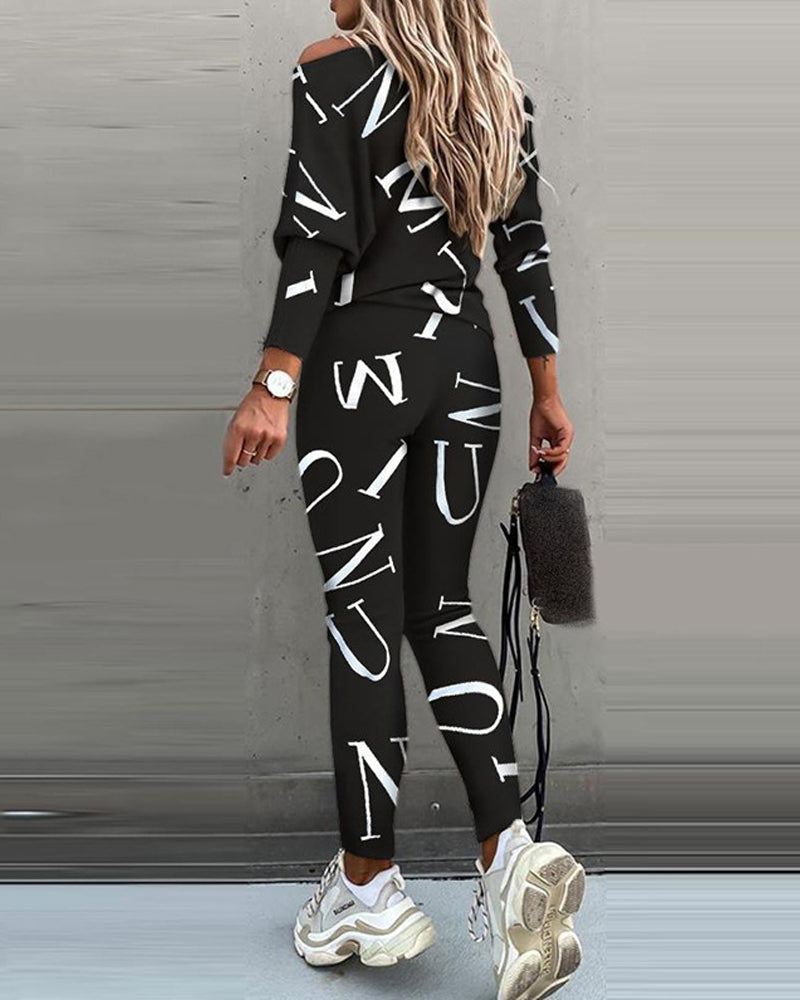 Casual Letter Print Long Sleeve Top & Pants Two-Piece Set