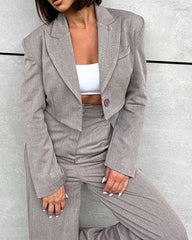 Solid Color Short Suit & High-waisted Wide-leg Suit Pants Two-piece Set