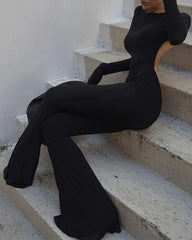 Casual Round Neck Long Sleeves Backless Bootstrap Jumpsuit