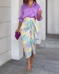 Lapel Long Sleeve Top Print Skirt Two Piece Set