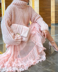 Solid Color Knitted Sweater & Lace Skirt Two-piece Set