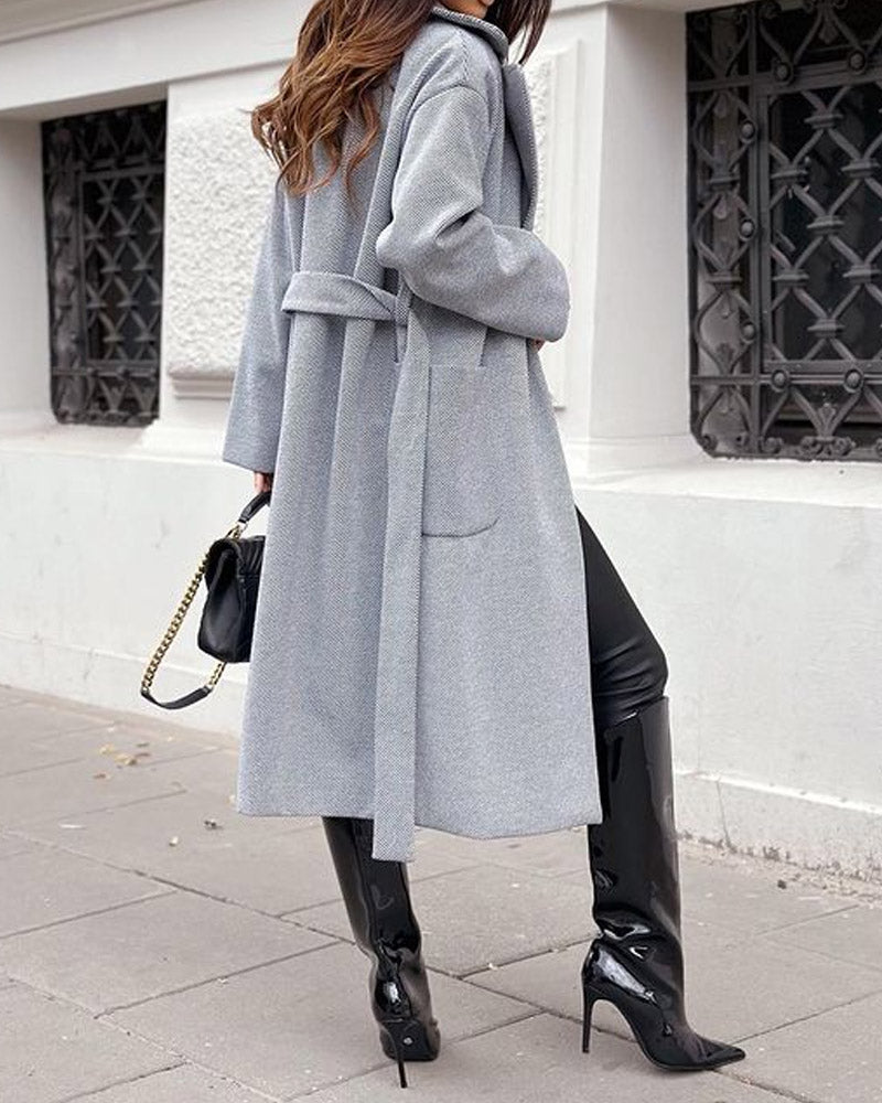 Pure Color Temperament Fashion Tie Woolen Coat Coat