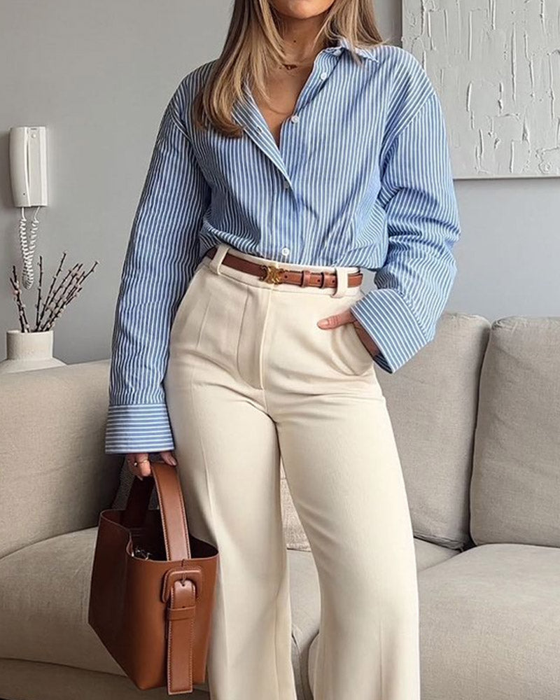 Striped Shirt Long Sleeve Top & Solid Color High Waist Pants Set