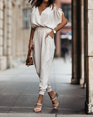 V-neck Pocket Solid Color Jumpsuit