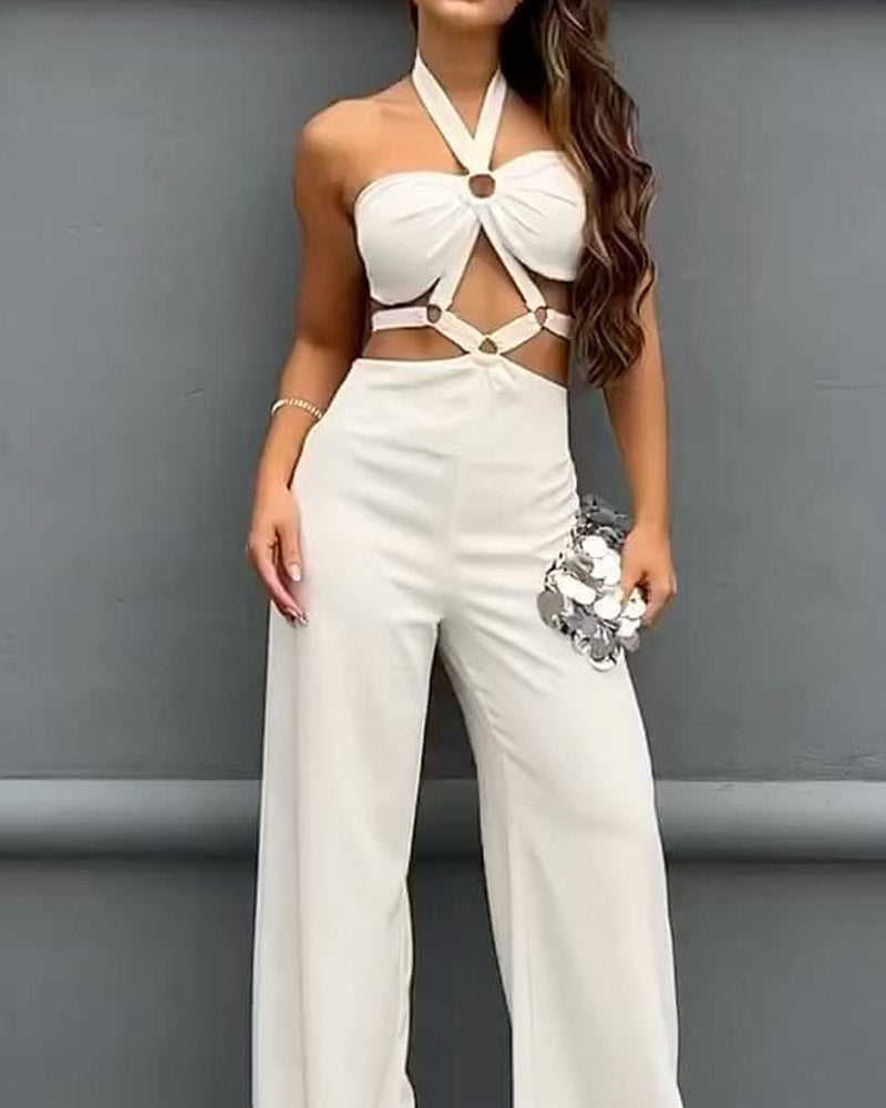 Solid Color Cross Halter Neck Hollow Slim Fit Jumpsuit