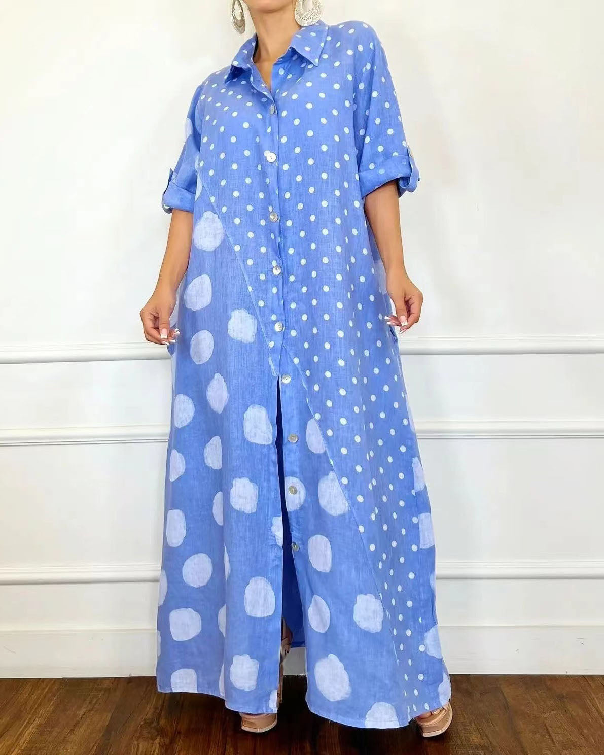 Polka Dot Print Panel Shirt Swing Skirt Dress