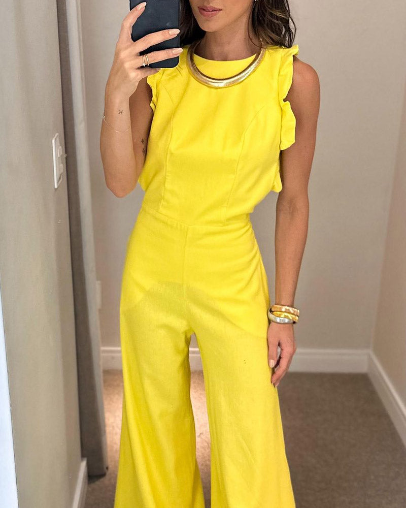 Solid Color Flying Sleeve Wide Leg Jumpsuit