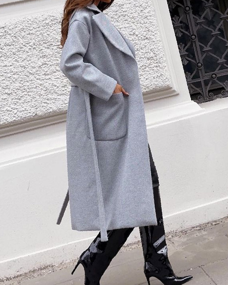 Pure Color Temperament Fashion Tie Woolen Coat Coat