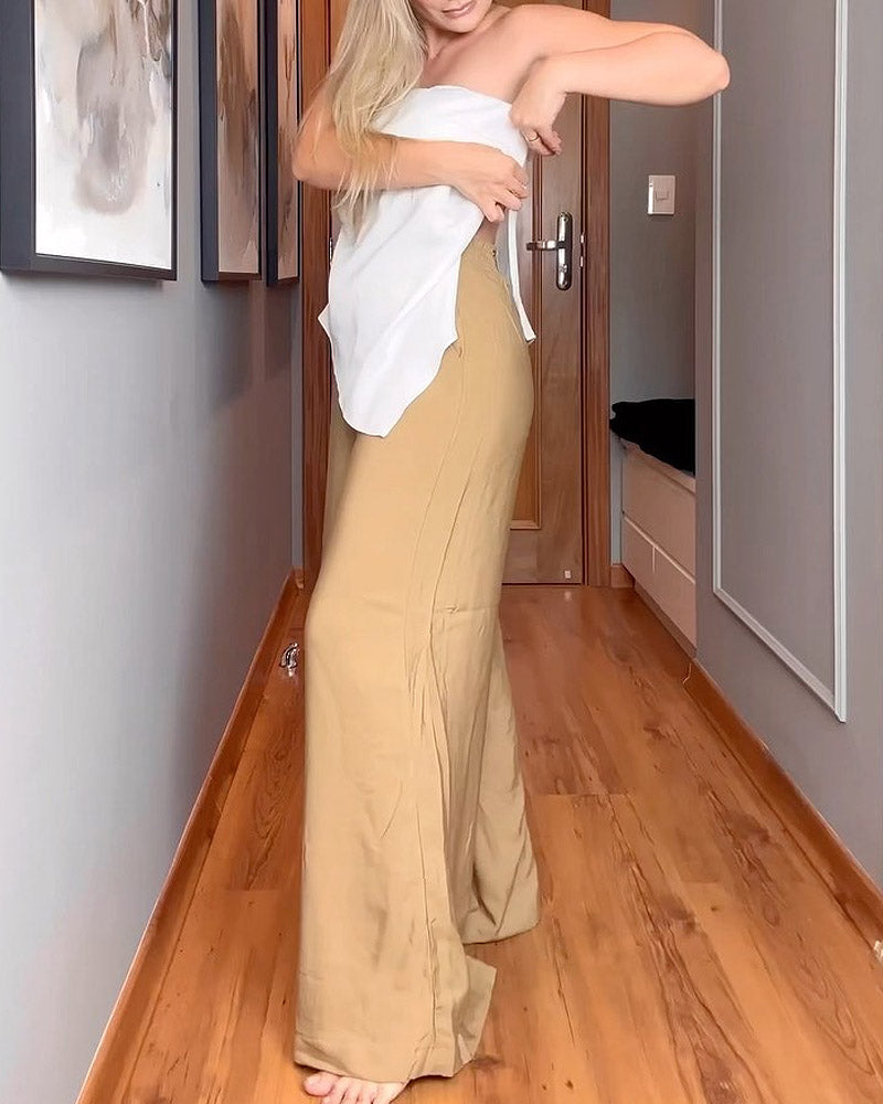 Solid Color Tube Top & Wide Leg Pants Two Piece Set