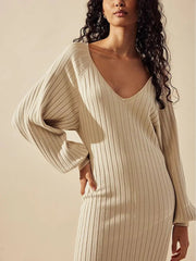 Solid Color Knitted V-neck Sweater Dress