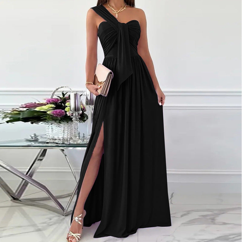 Sleeveless Off Shoulder Slit Hem Dress