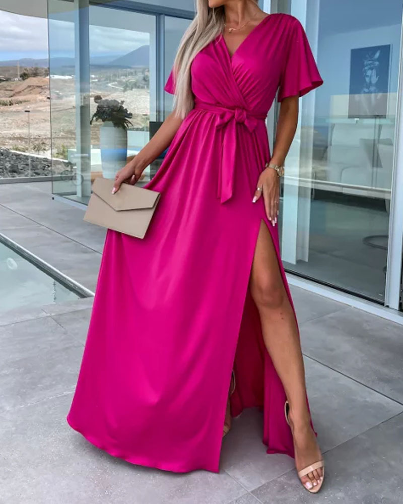 Fashion Solid Color V-neck Dress