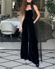 Solid Color Tube Top Velvet Wide Leg Jumpsuit