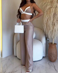 Colorblock Halter Top & High-waisted Straight-leg Pants Two-piece Set