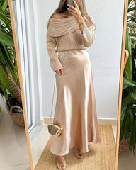 Solid Color One-shoulder Knitted Sweater & Satin Skirt Two-piece Set