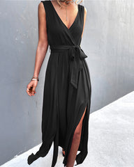 Sexy V-neck cross tie sleeveless slit dress