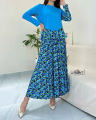 Round Neck Long Sleeve Solid Color Top & Printed Skirt Two Piece Set