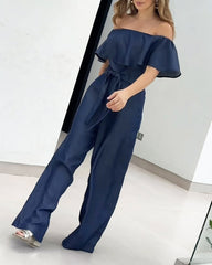 Solid Color One Shoulder Casual Wide Leg Jumpsuit