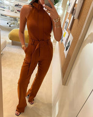 Featured High Neck Waistcoat and High Waist Slit Jumpsuit