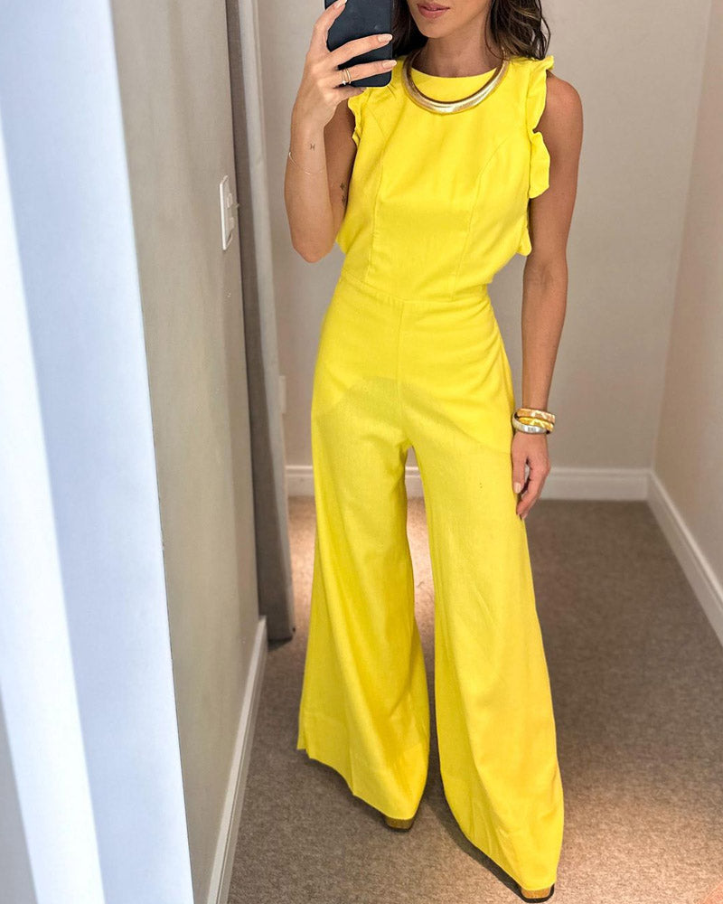 Solid Color Flying Sleeve Wide Leg Jumpsuit