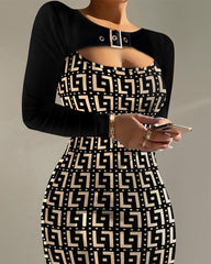 Printed buckle-trimmed cutout sheath wrap dress