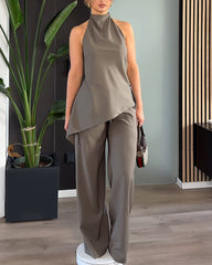 Solid Color Halter Neck Halter Top & Wide Leg Pants Two-piece Set