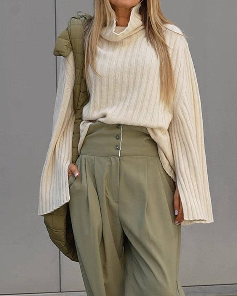 Solid Color Turtleneck Knitted Sweater & High-waisted Wide-leg Pants Two-piece Set