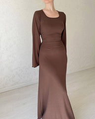 Solid Color Round Neck Knitted Bell Sleeve Slim Fit Dress