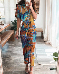 Long-sleeved V-neck button-print dress maxi dress