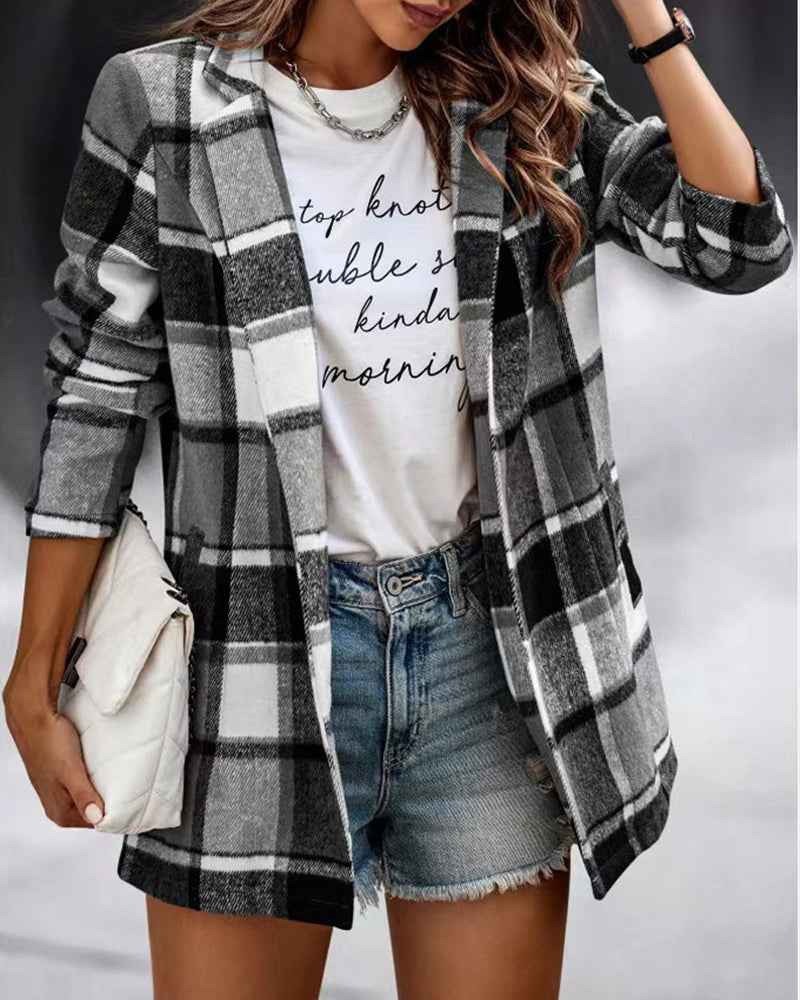 Loose Check Long Sleeve Pocket Wool Jacket