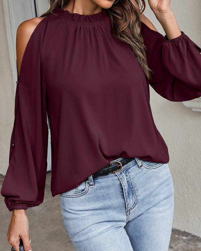 Chiffon shirt with lace collar open top