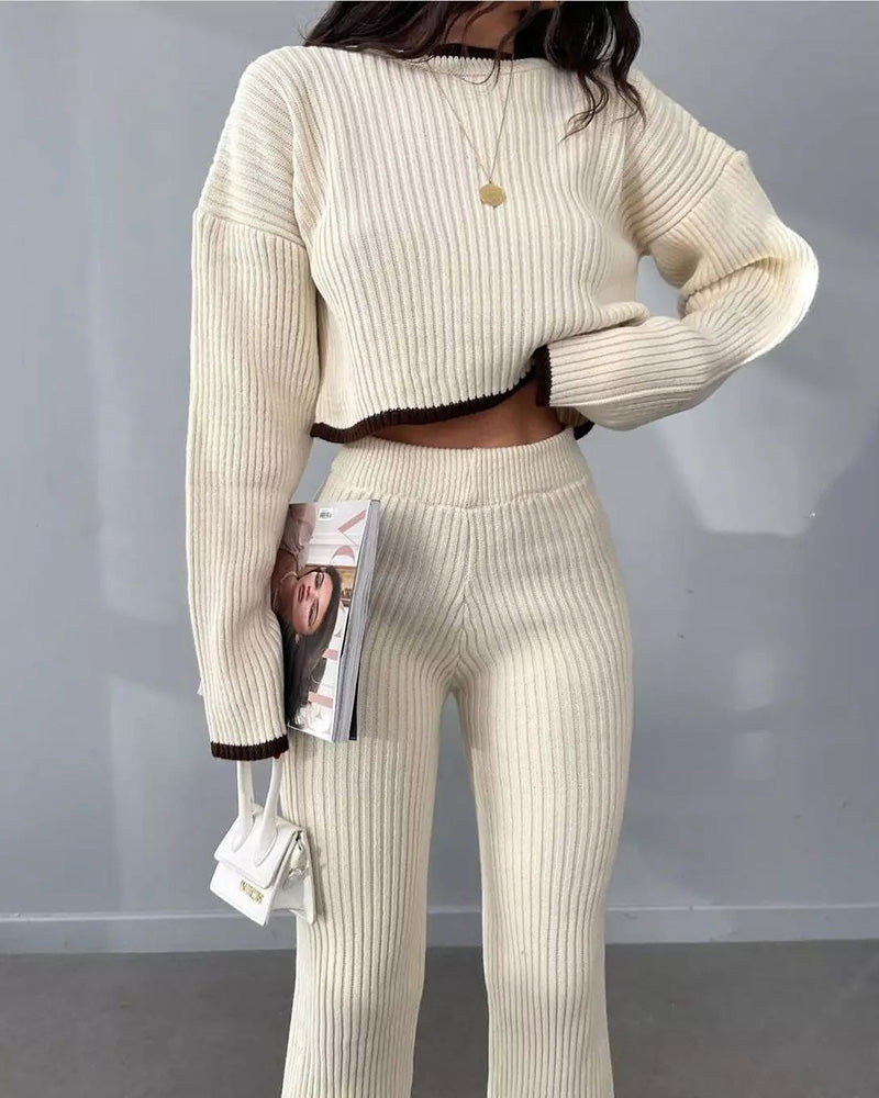 Two-piece Long-sleeved Sweater with Color Matching Top and Pants