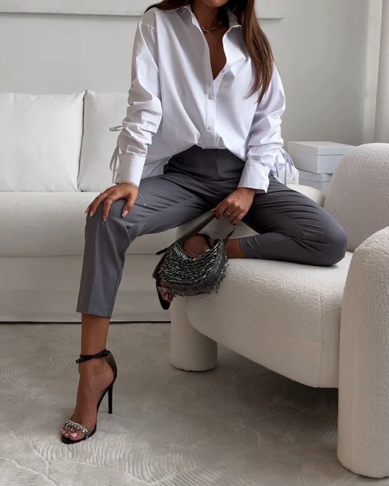 Long-sleeved Lapel Drawstring Top and Pants Two-piece Suit