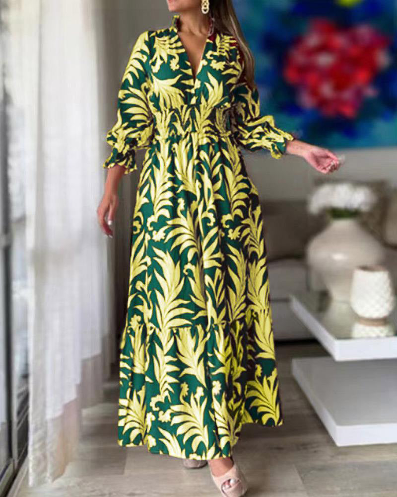 Waist Pullover Boho Print Long Sleeve Swing Dress