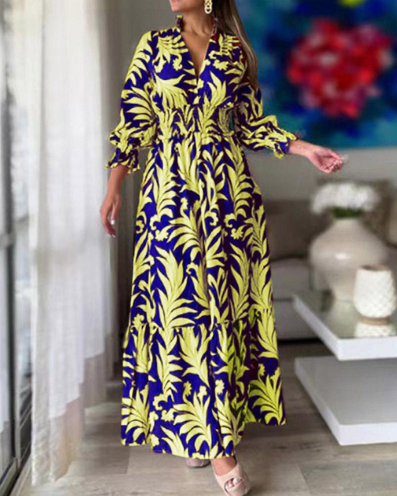 Waist Pullover Boho Print Long Sleeve Swing Dress