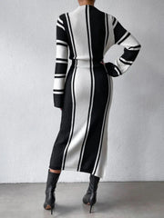 High Neck Striped Long Sleeve Midi Dress