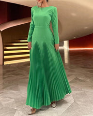 Solid Color Long Sleeve Pleated Dress