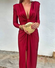 Fashionable Solid Color V-neck Long-sleeved Slit Dress