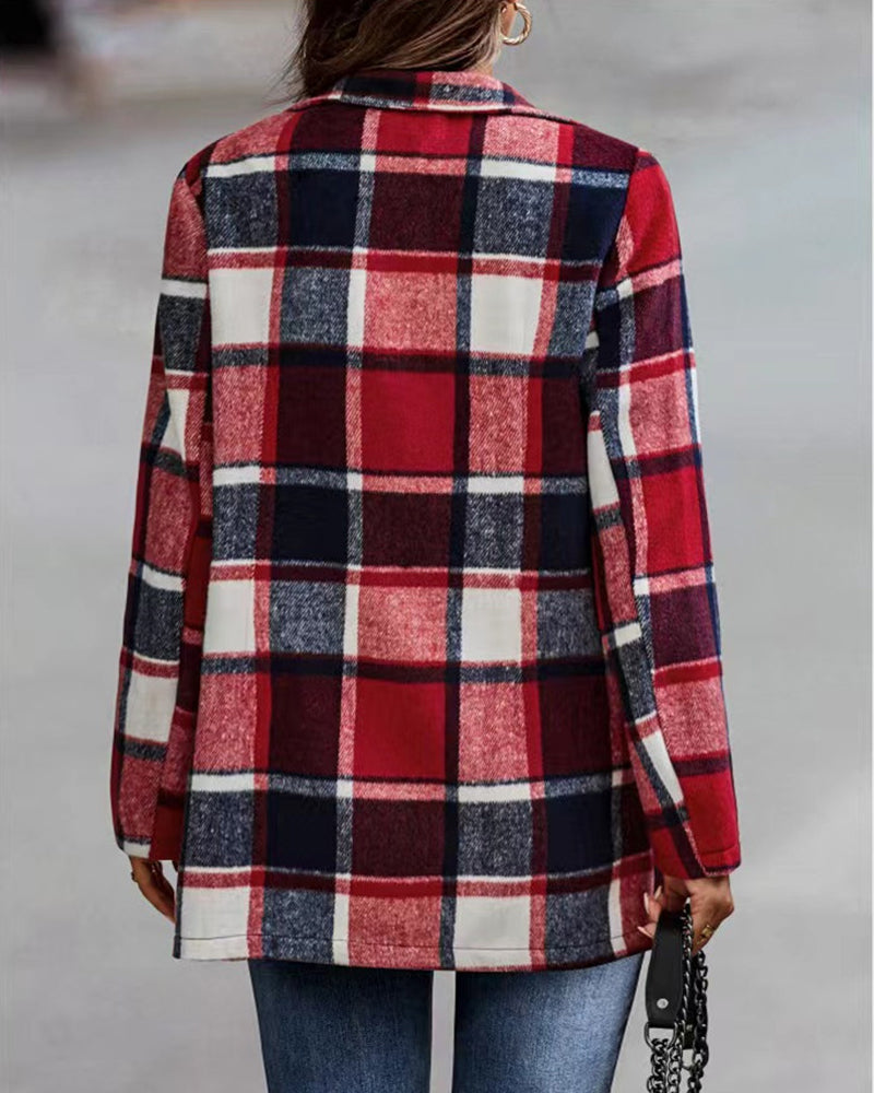 Loose Check Long Sleeve Pocket Wool Jacket