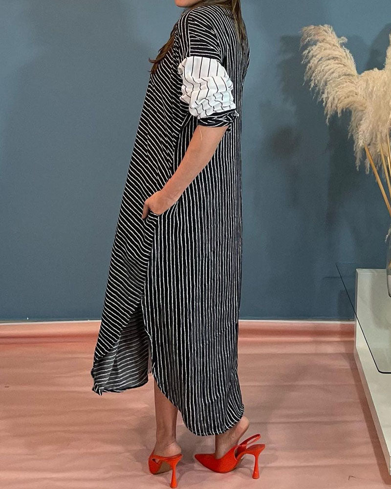 Casual Loose Lapel Striped Shirt Dress