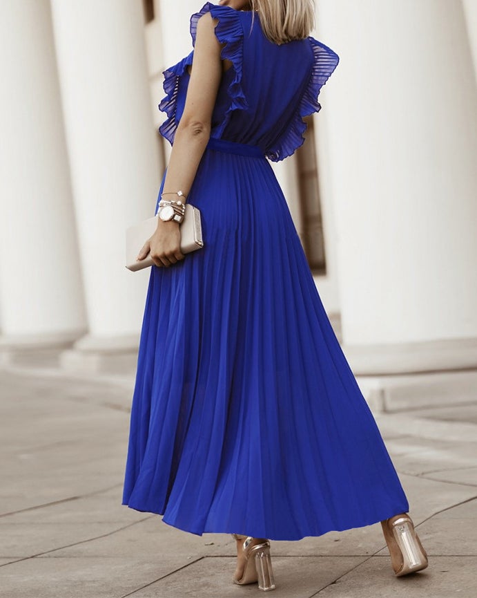 Lotus leaf sleeve Chiffon pleated skirt solid color dress